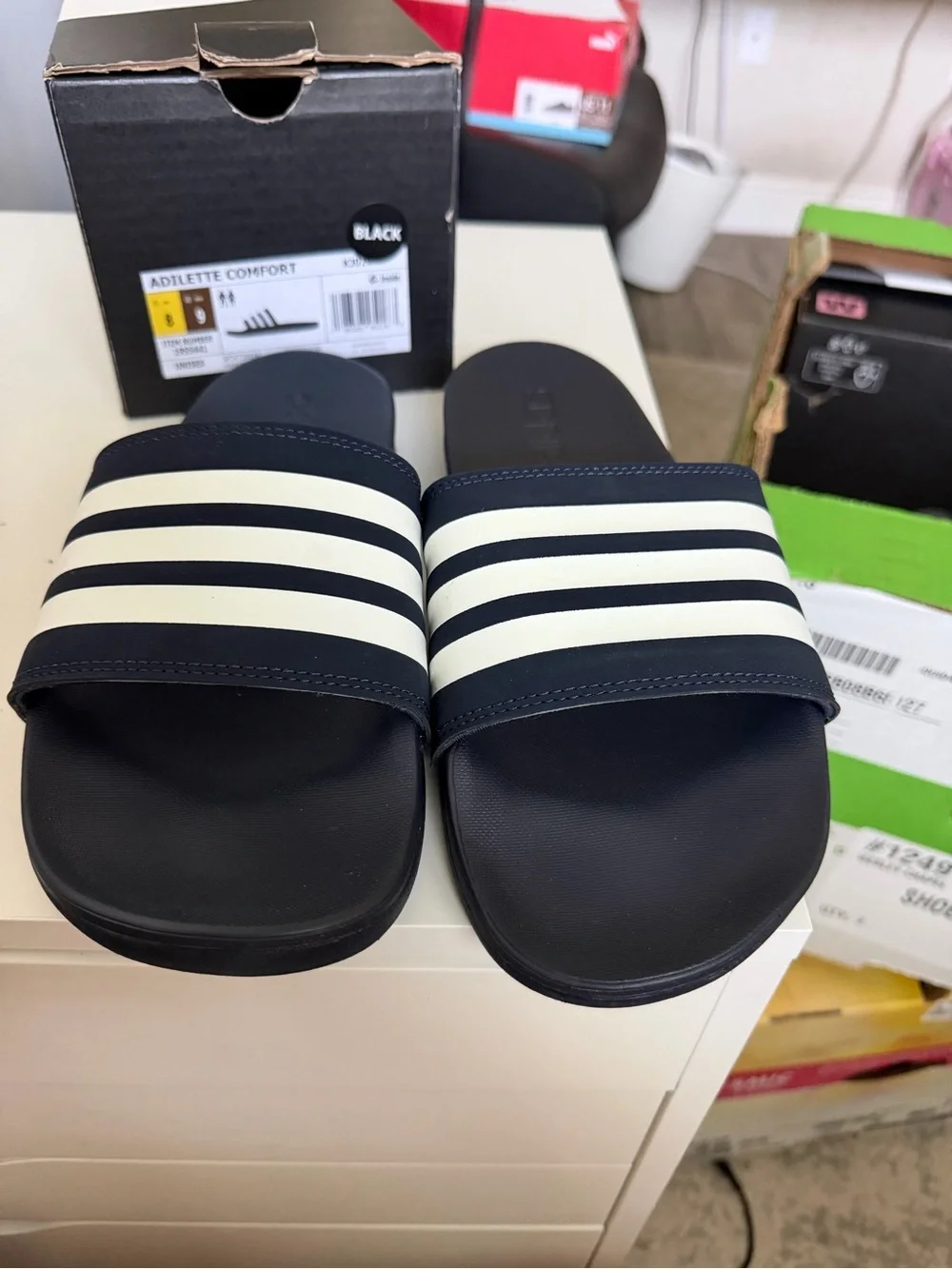 adidas  Slide Sandals Black with White Stripes